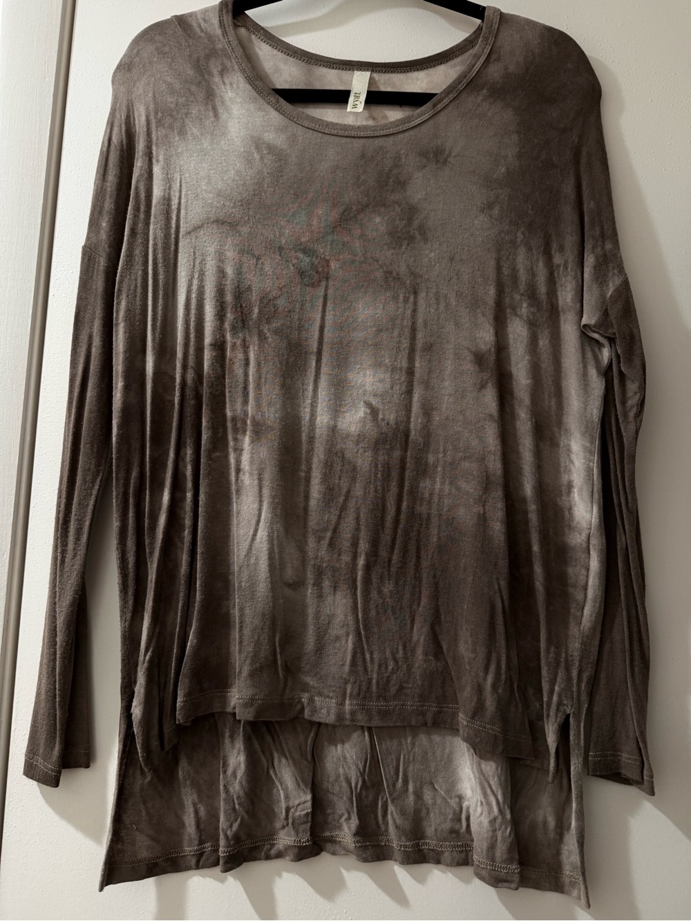 Wyatt Women's Long Sleeve Relaxed Gray/Brown Tunic Tie Dye Top